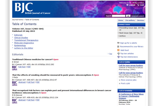 Table of Contents for an issue of British Journal of Cancer
